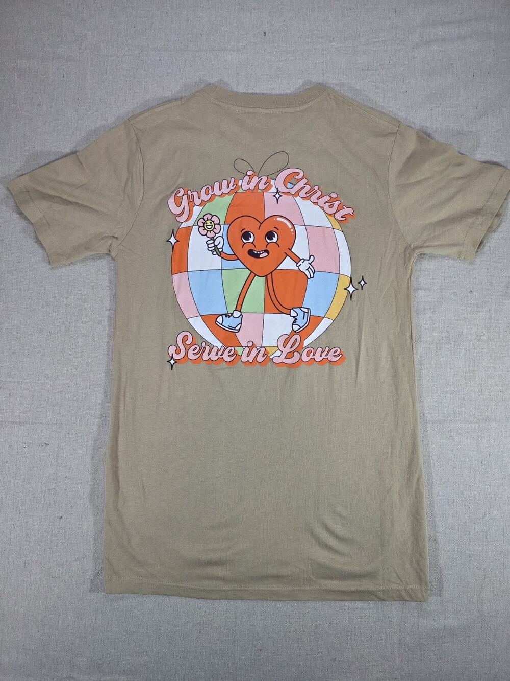 Growing In Christ Serve In Love Christian Graphic T Shirt Tan Size Small